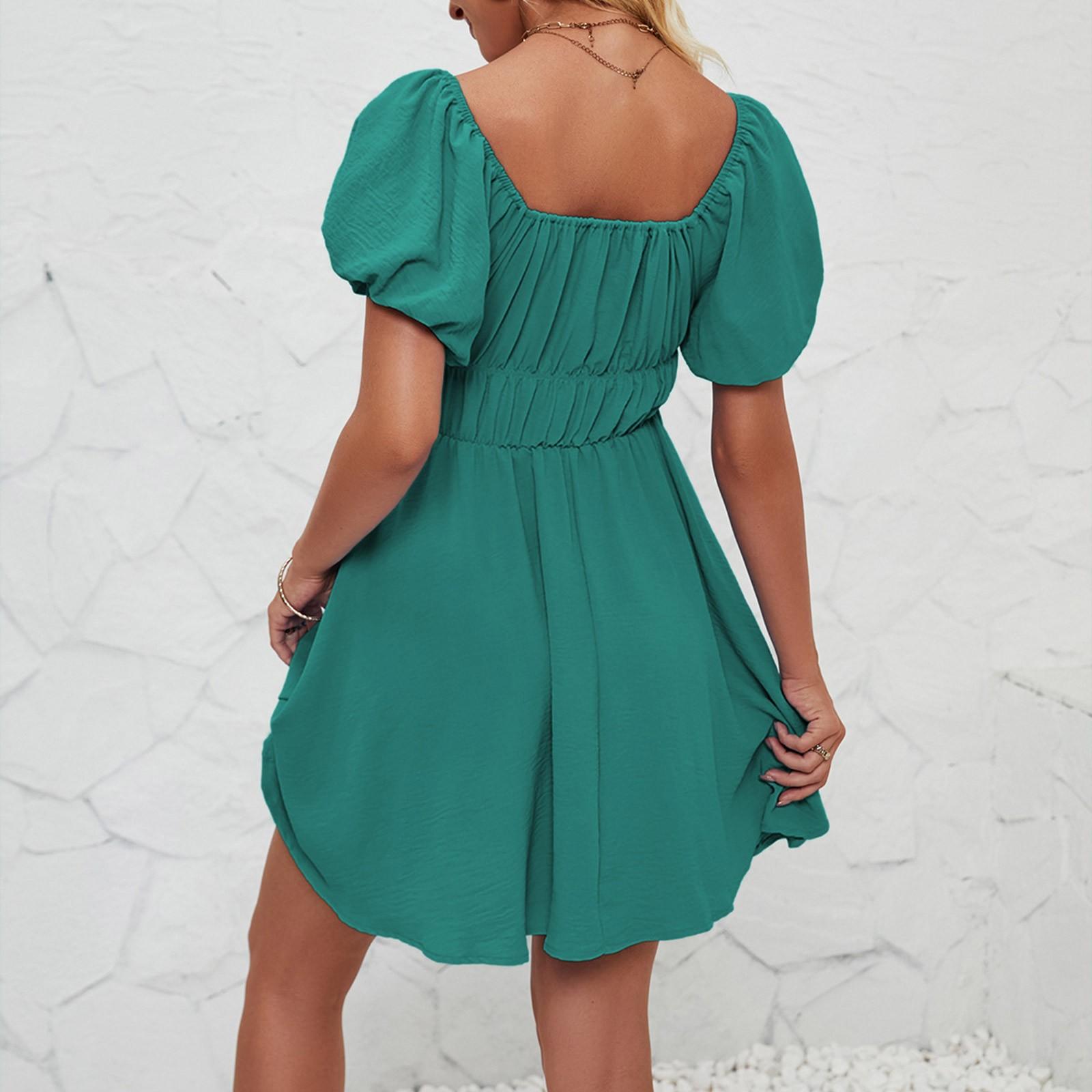 Женское модное однотонное платье с одной линией выреза и короткими рукавами — фото 4