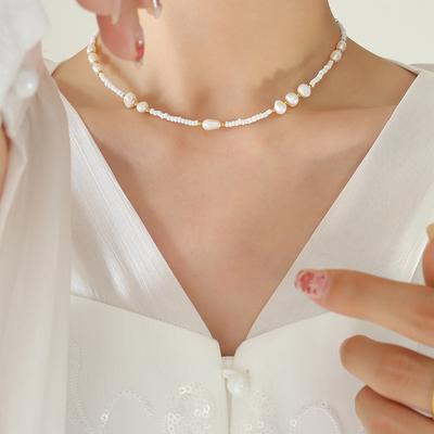Exquisite Temperament French Retro Personalized Glass Bead Freshwater Pearl Pendant Titanium Steel Beaded Necklace Jewelry