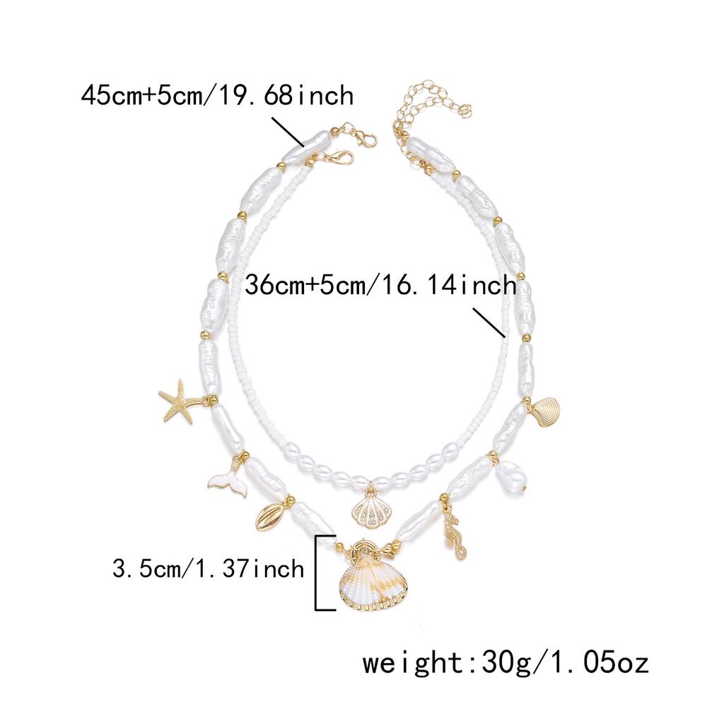 Vacation-style shell and starfish beaded multi-layered necklace, collarbone chain, beach vibe niche accessory