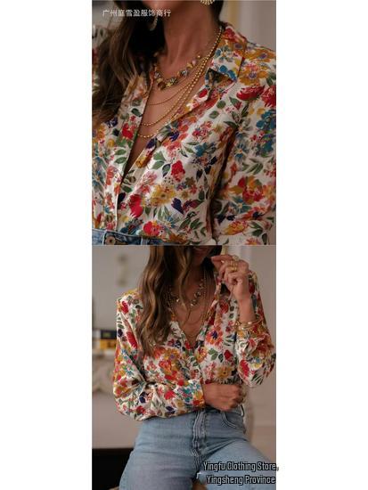 European Summer Casual Women's Long Sleeve Printed Lapel Shirt