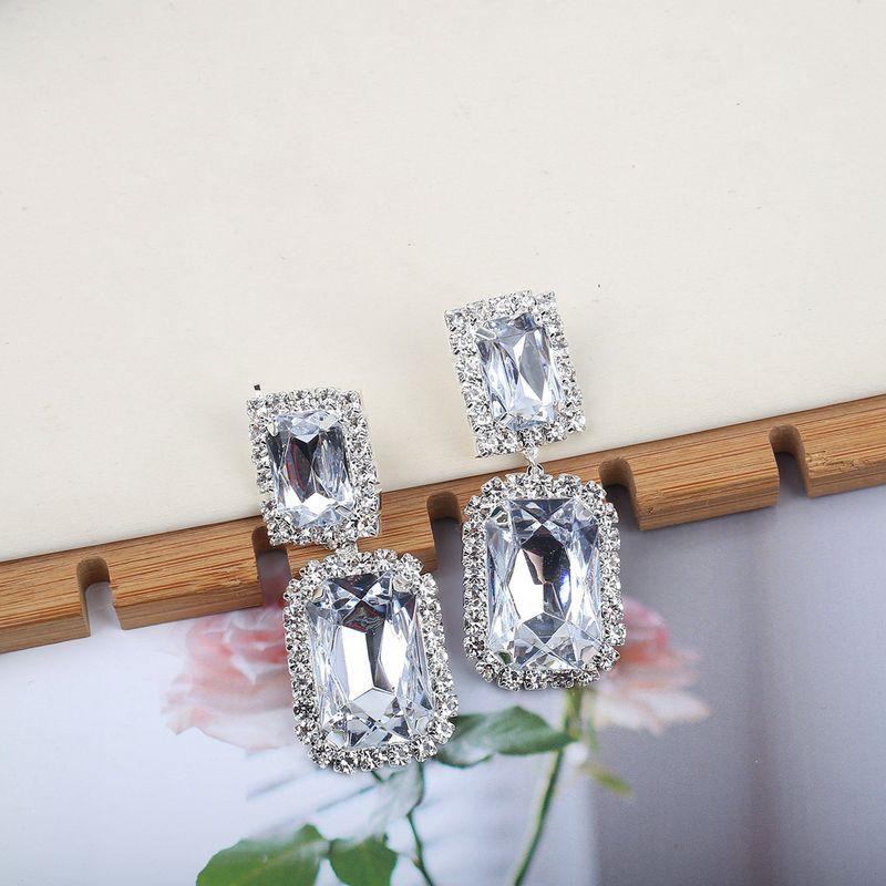 Fashion Style High-Key Dignified Super Flash Rhinestone-Encrusted Earrings Female Minimalist Fashion Rectangular Section Eardrop Necklace Suit