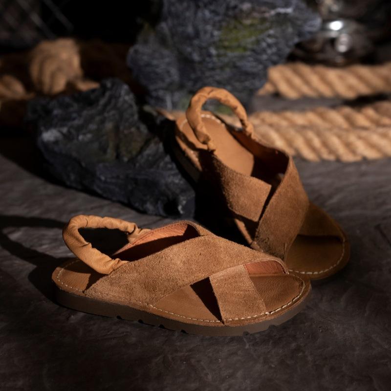 Leather flat-soled sandals women's summer retro handmade cross-strapped first-layer cowhide sandals soft-soled casual women's shoes