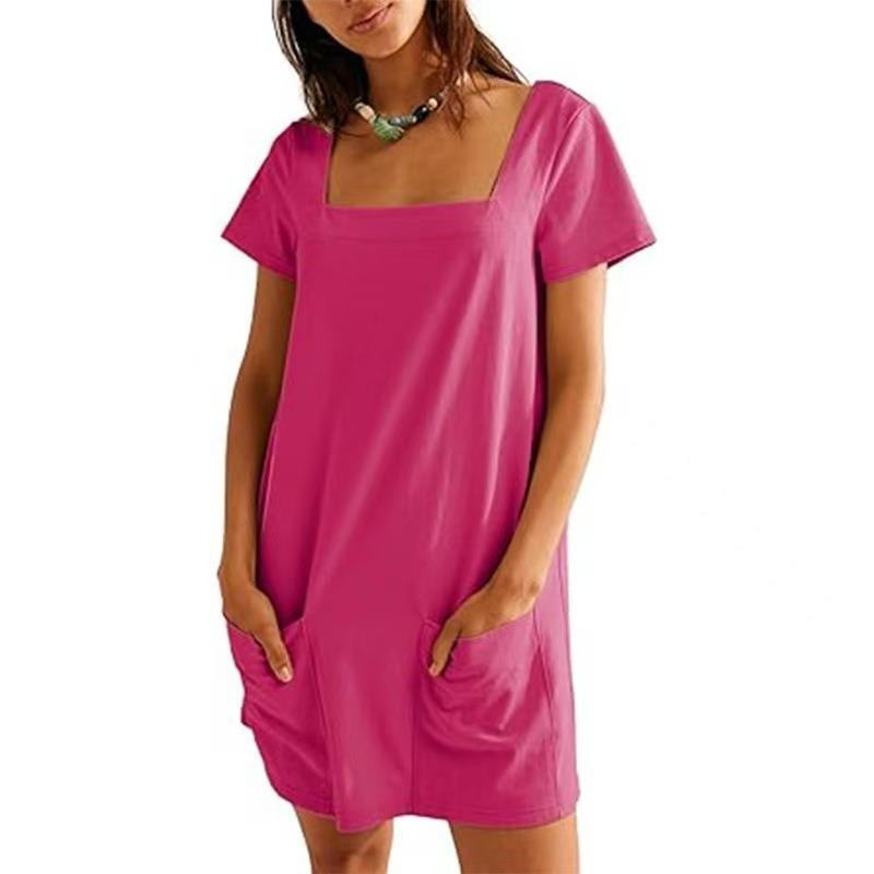 Women's Square-neck Short-sleeved Fashionable Short Skirt Pocket Casual Dress