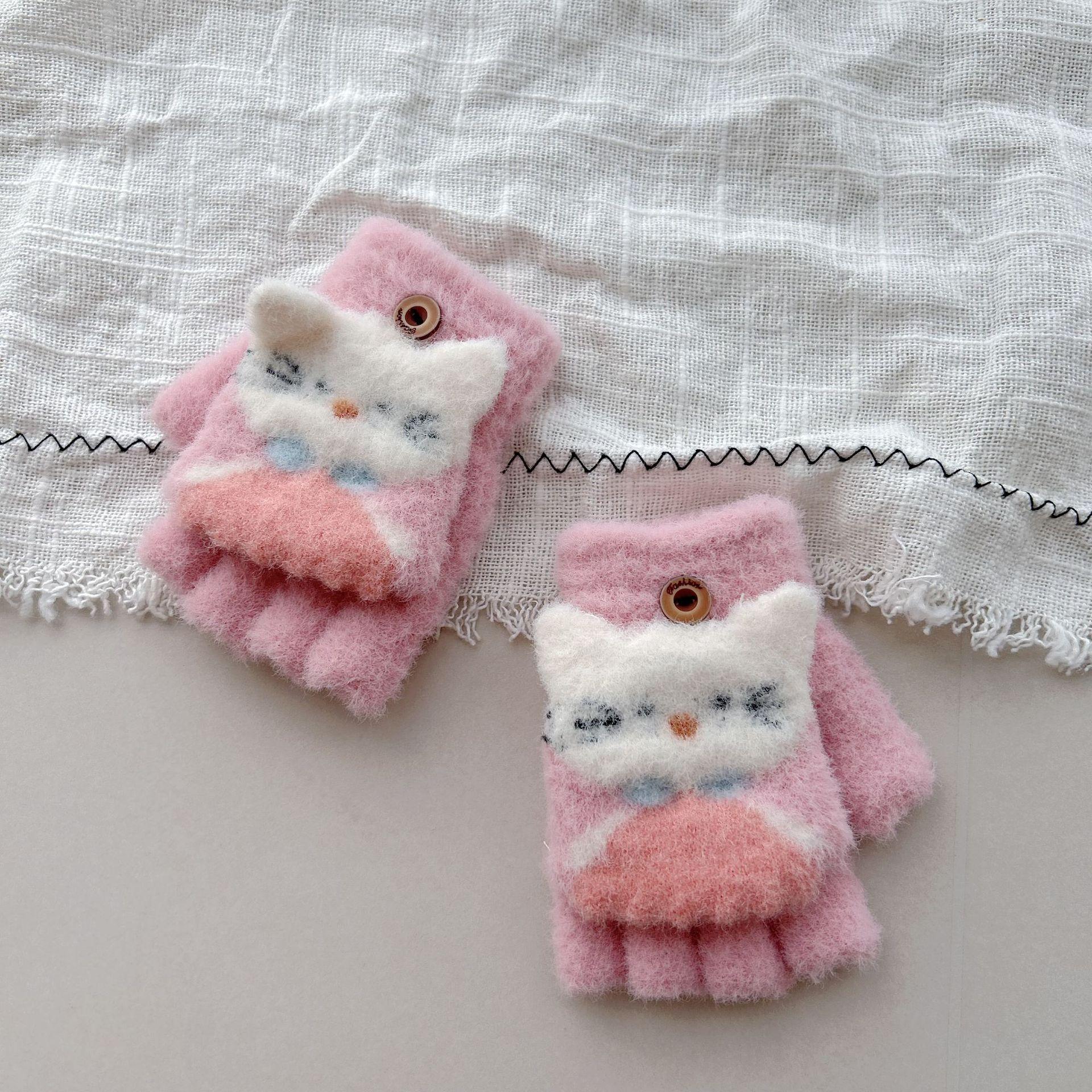 

Мультяшные женские перчатки без пальцев с откидным верхом, зимние, холодостойкие и теплые, детсадовские, утолщенные, уличные, милые One Size