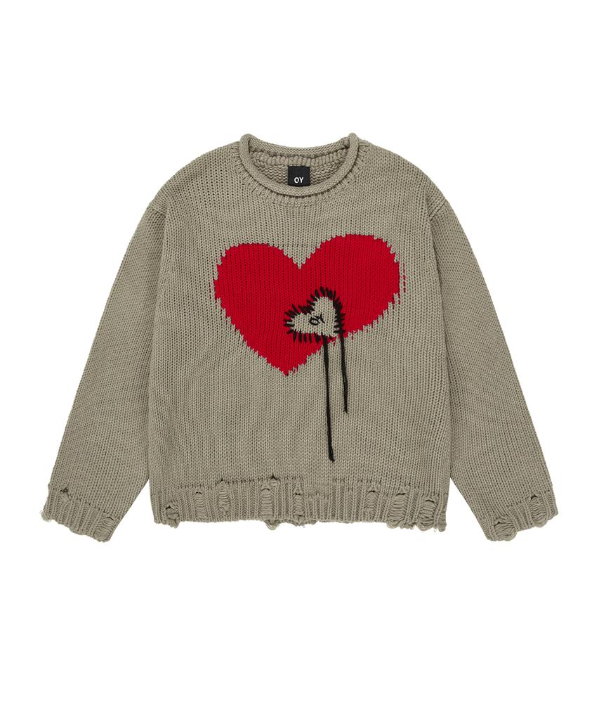 Opeunyadeu(Owai) Heart Stitch Destroyed Knit - Khaki