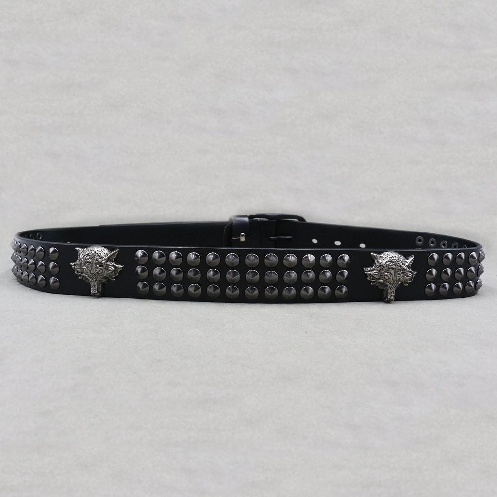 Pointed Rivets Cowhide Belt Men's Japanese Buckle Wolf Head 3D Decoration Women's Belt Punk Style