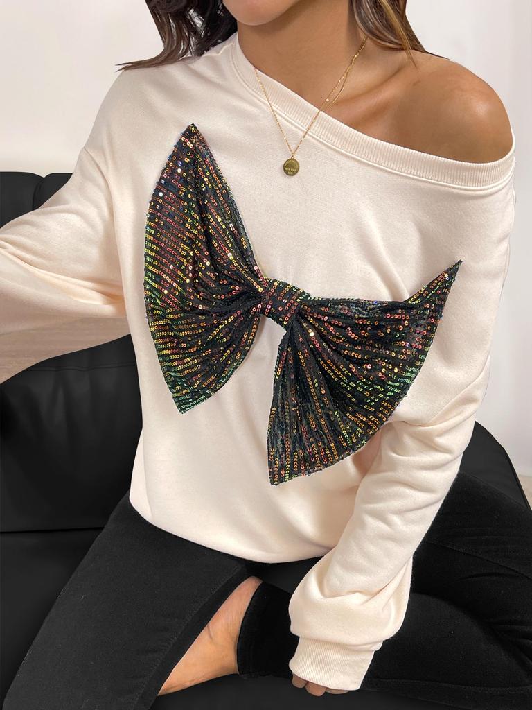 Yiyi Autumn Winter Sequin Bow Pullover Hoodie with Round Neck for Women