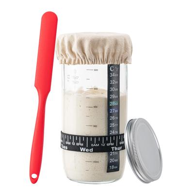 24oz Sourdough Starter Jar with Date-marked Feeding Band, Thermometer, Cloth Cover & Metal Lid. Ideal for Sourdough Bread Baking