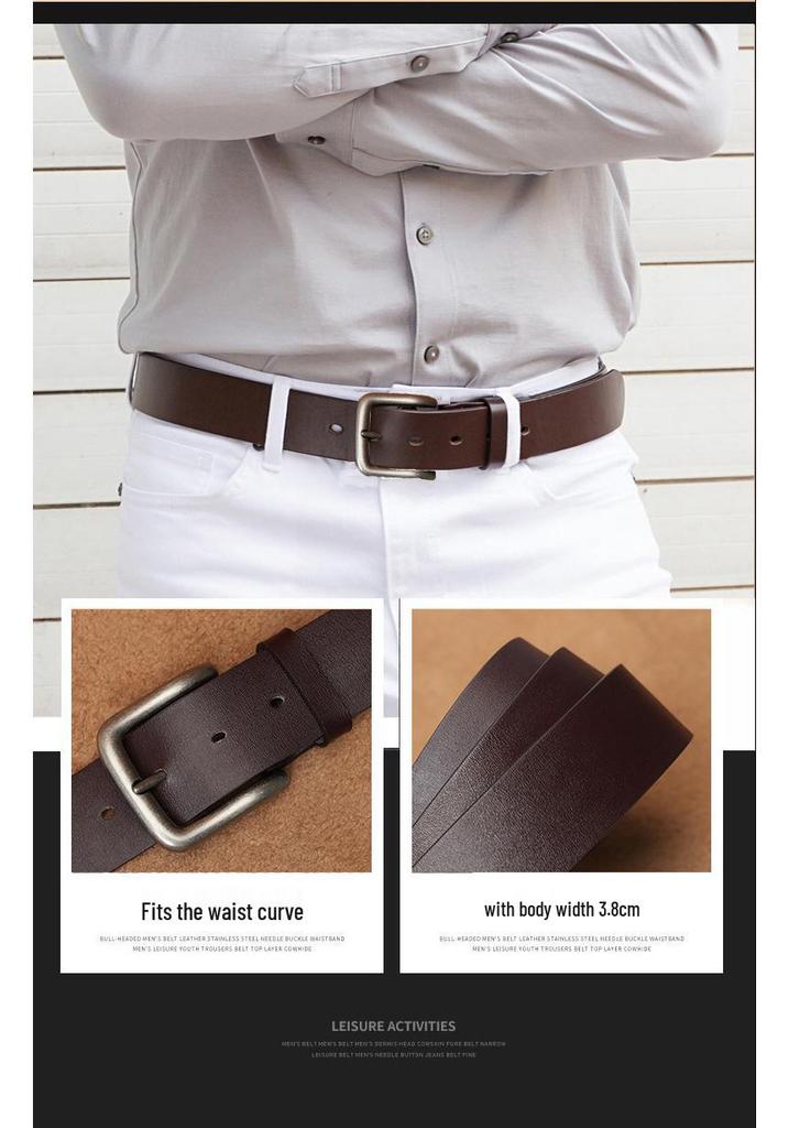 Men's Retro Buckle Cowhide Leather Belt - Fashionable & Versatile Genuine Leather Pants Accessory.