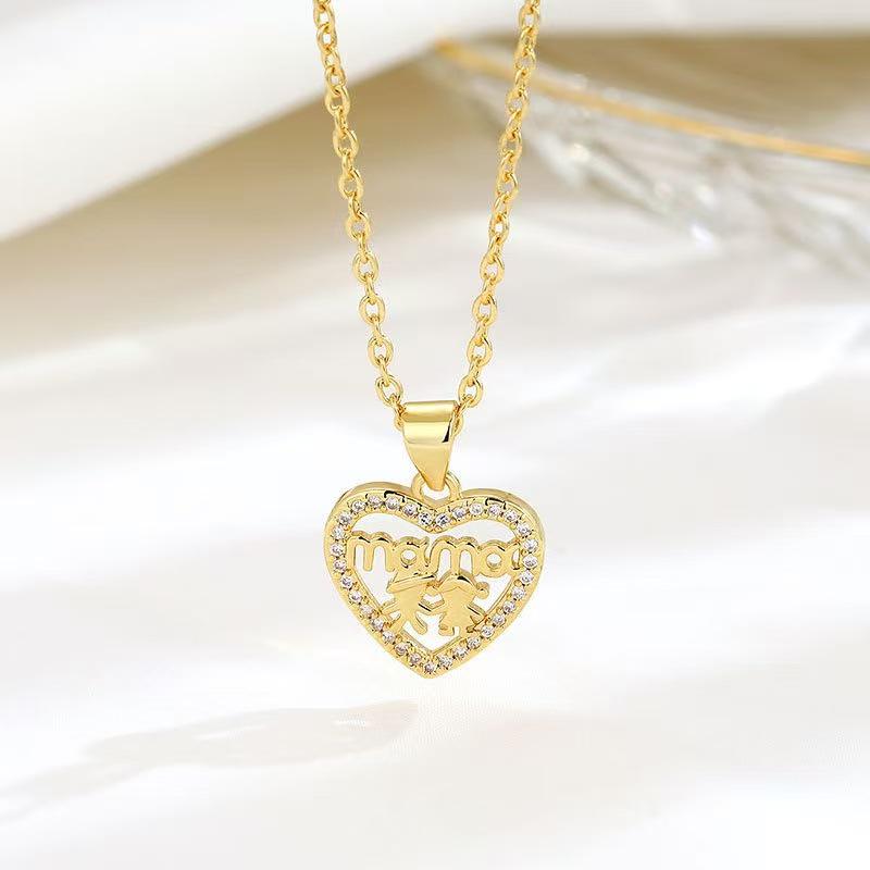 Diamond Heart MOM Necklace: Luxury Titanium Steel Pendant for Mother's Day