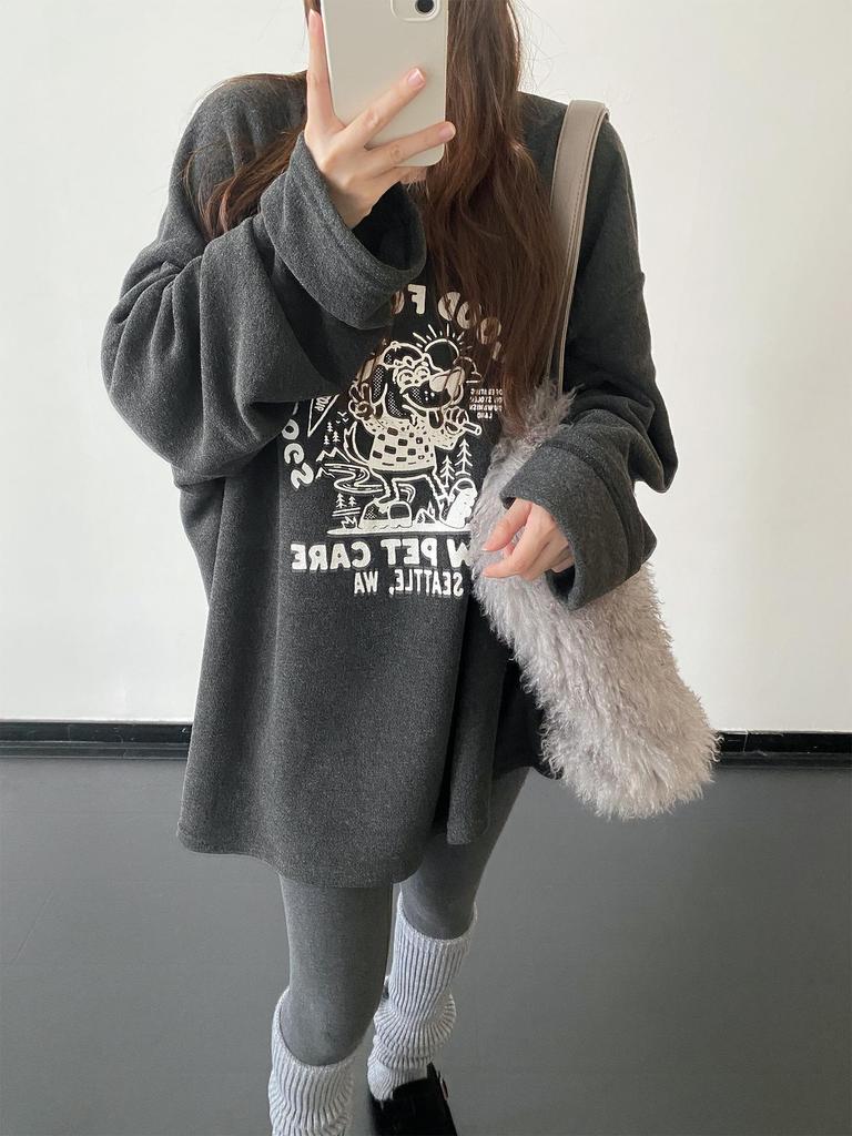 Korean Style Women's Winter Thick Velvet Printed Long Sleeve Casual T-shirt, 2026 Fashion