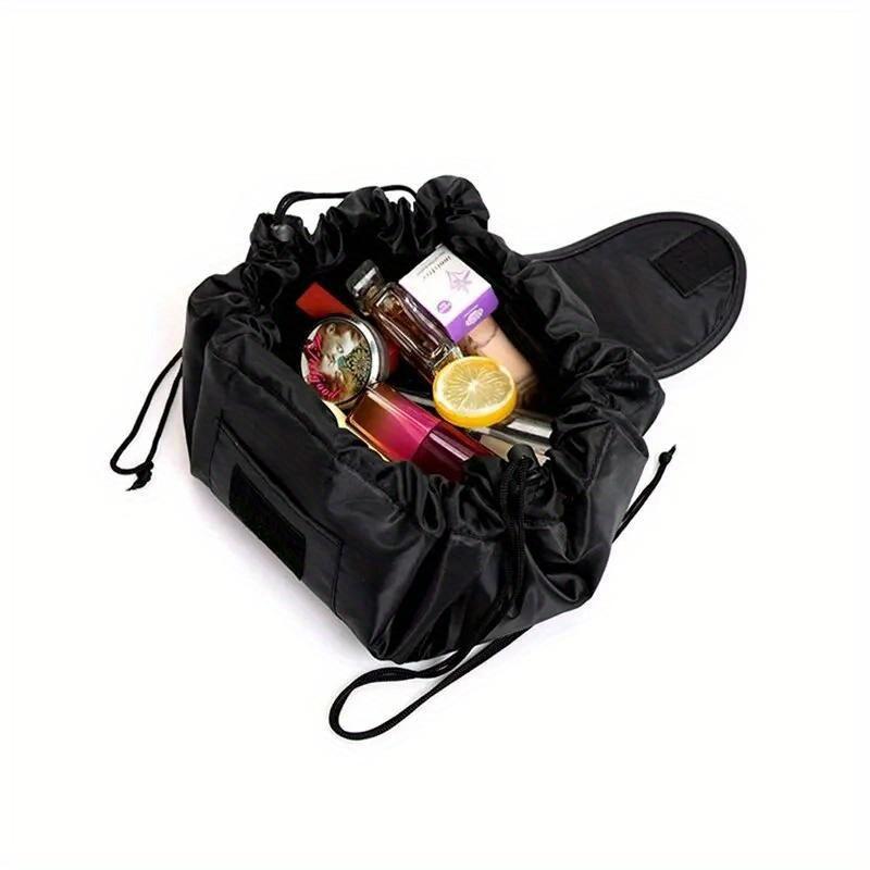 Glossy Black Large Drawstring Makeup Bag, High-Quality Portable Travel Cosmetic Organizer for Women