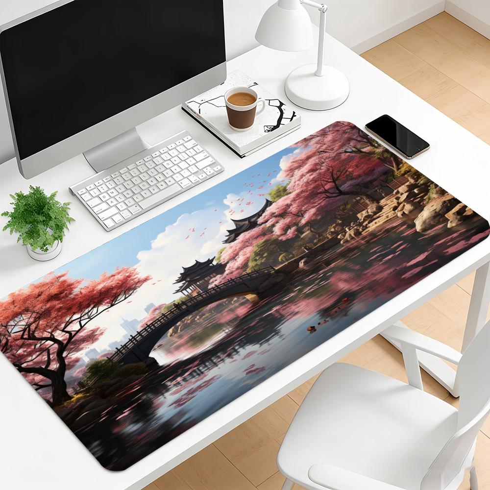 Gentle Cherry Blossom Gaming Mouse Pad Non Slip Rubber Desk Mat Scenery Art Deskpad For Office Gaming Desktop Pc Room Decor