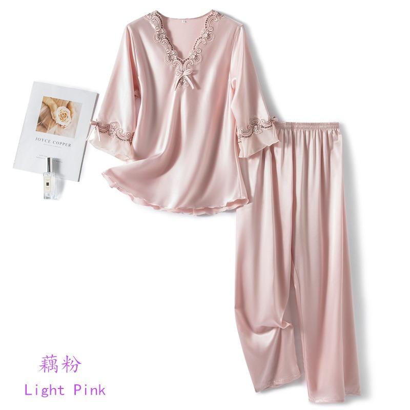 Women's Large Size Spring and Autumn Thin Section Seven-minute Sleeve Silk Embroidery Lace Two-piece Homewear