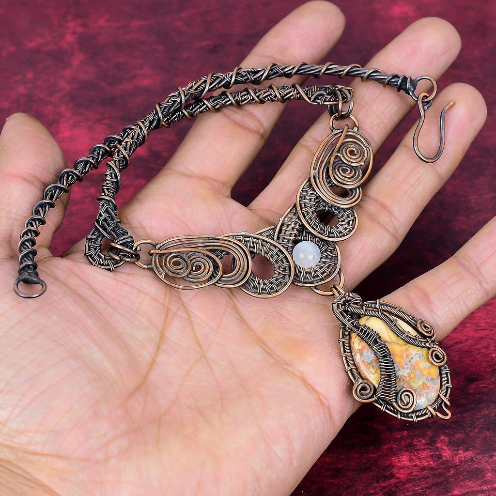 Maligano Jasper Necklace Copper Wire Wrapped Rainbow Moonstone Necklace Copper Jewelry Gemstone Necklace Gifts for Mom Handmade Wire Jewelry