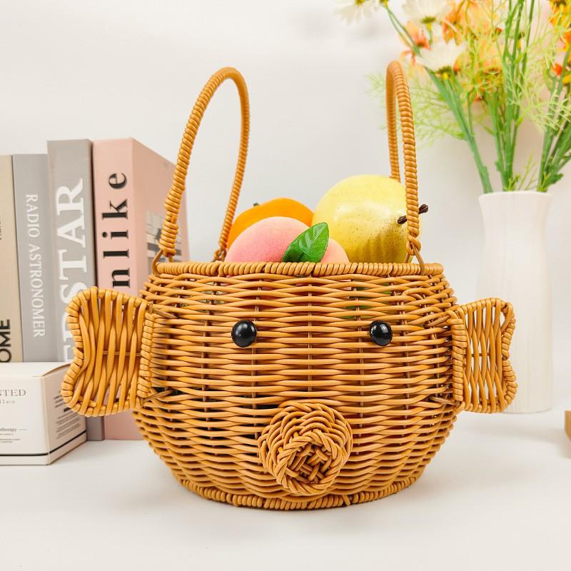 Cartoon Pig Shaped Handheld Storage Basket Kitchen Fruit Snacks Farmhouse Decor PP Plastic Organizer