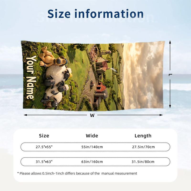 Shaun the Sheep Beach Towel, Personalized Custom Text, Quick Dry Soft Large Towel For Swimming Pool Travel