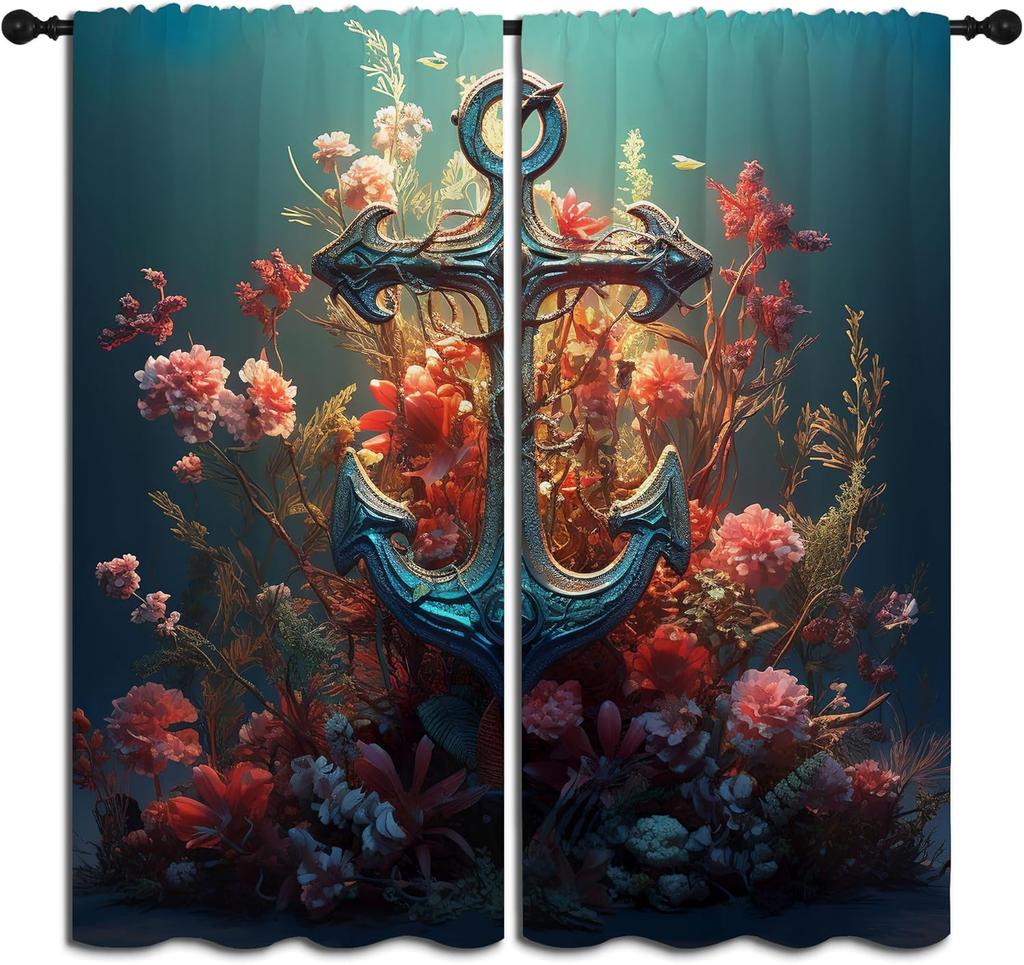 Nautical Themed Blackout Curtains for Boys Girl Bedroom Decor,Vintage Map Sailboat Compass Thermal Insulated Rod Pocket Drapes