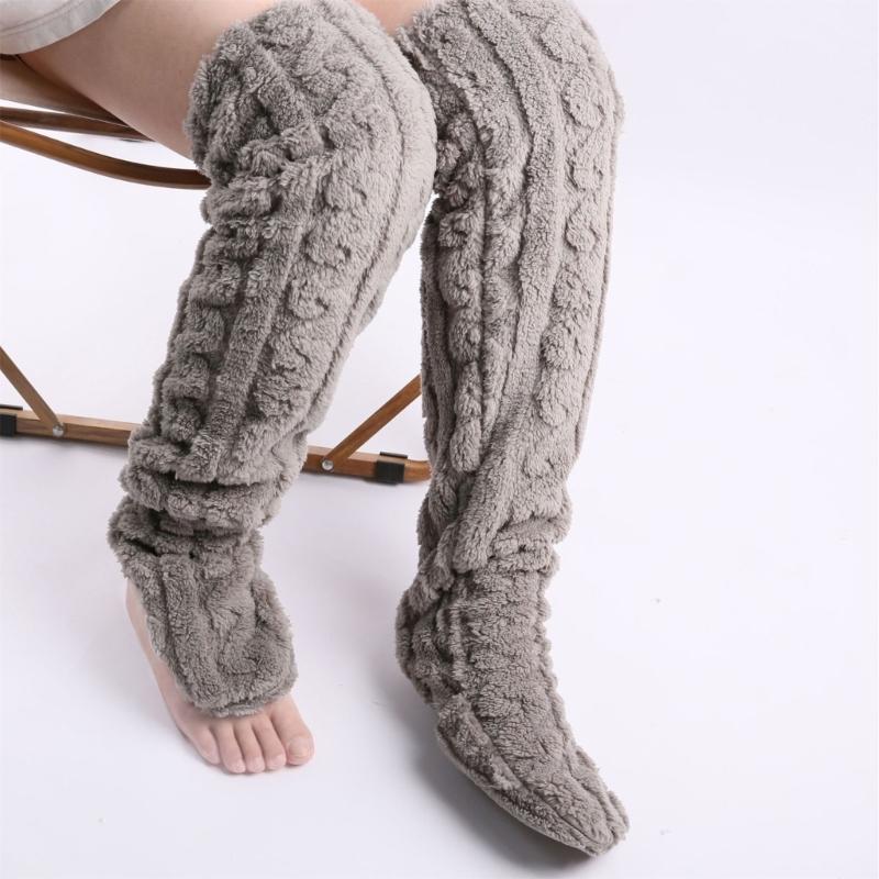 Women Furry Thigh High Slipper Socks Solid Color Cable Pattern Fleece Fuzzy Over Knee Stockings Winter Warm Leg Warmers