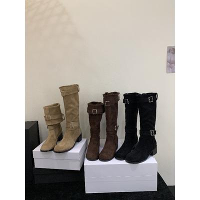 Neue Stiefel mit dickem Absatz, aber kniehohem Schaft, Skinny-Ritter-Martin-Stiefel für Damen, Retro-Wildleder, High Heel, langer Schaft, Blockabsatz, lange Stiefel