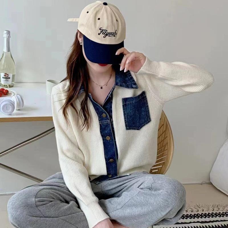 

New autumn and winter women s clothing denim splicing sweater lazy pocket short loose long-sleeved knitted cardigan jacket average size бежевый