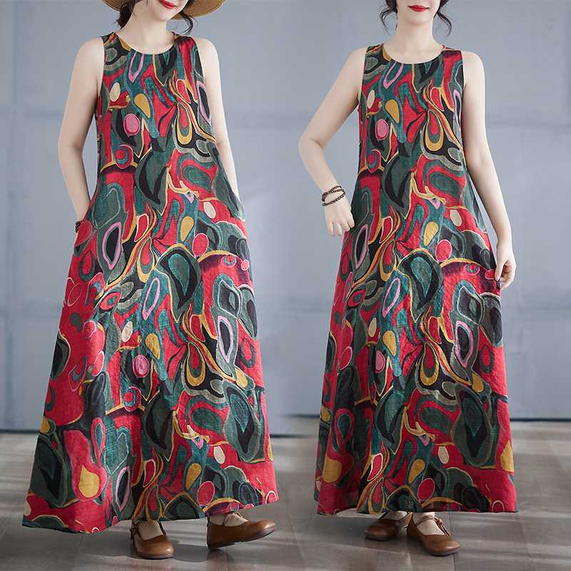 Long Skirt Summer New Sleeveless Round Neck Printed Dress