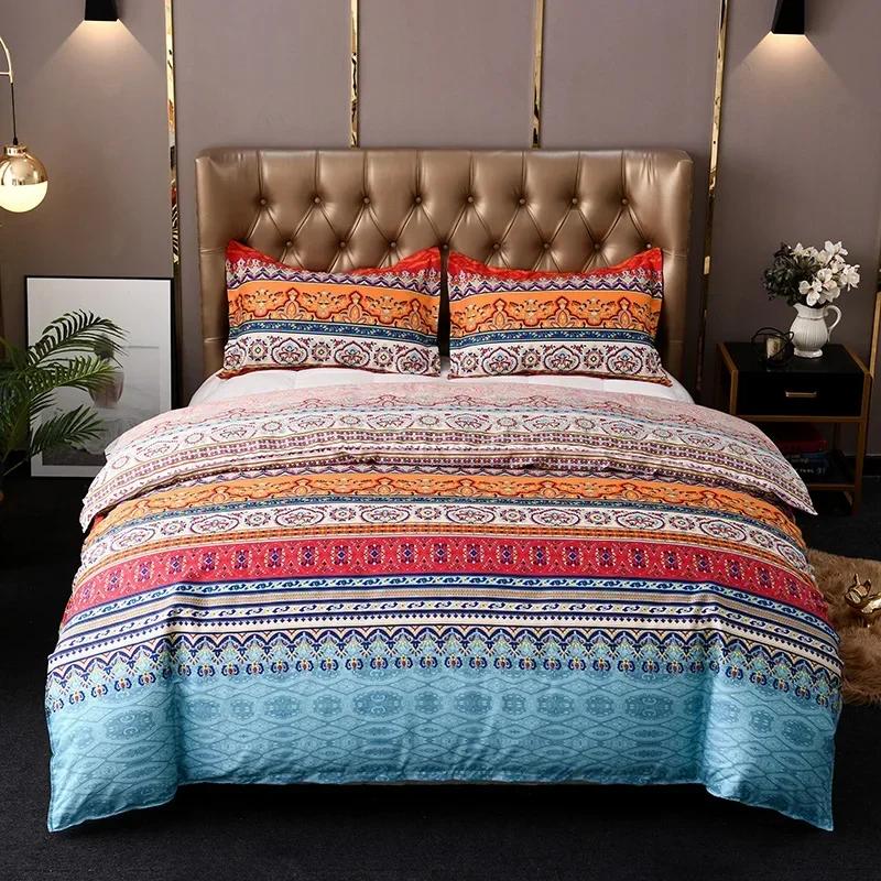 3pcs Boho Bedding Set Striped Geometric Duvet Cover and Pillowcases in Brown Ethnic and Traditional Style Soft Cozy Quilt Covers