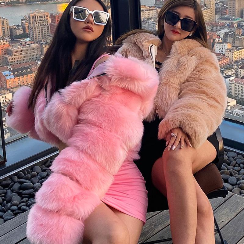 Women's High-quality Furry Faux Fur Coats and Jackets Women's Fluffy Tops and Hooded Winter Fur Jackets