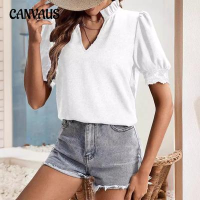 Women's T-shirt Summer Fashion V-neck Lantern Sleeve Splicing Lace Short Sleeve Tops