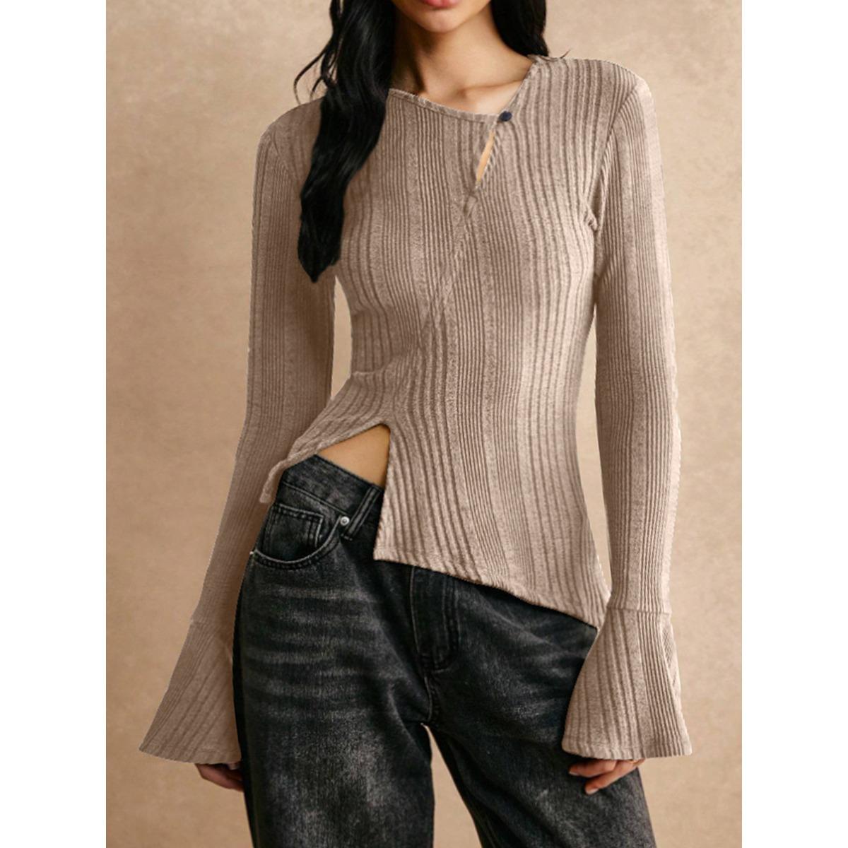 

Fall Winter Women s Solid Color Ribbed Paneled Long Sleeve Button T-shirt Casual Fashion Tops For European American Crossborder XXL хакі