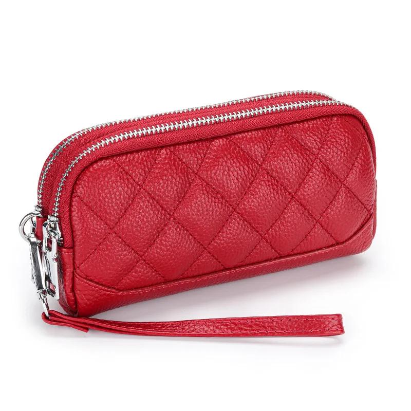 Double Zipper Clutch Bag for Women Genuine Leather Coin Pocket Money Purse Women's Clutches Female Clutch Purse with Wrist Strap