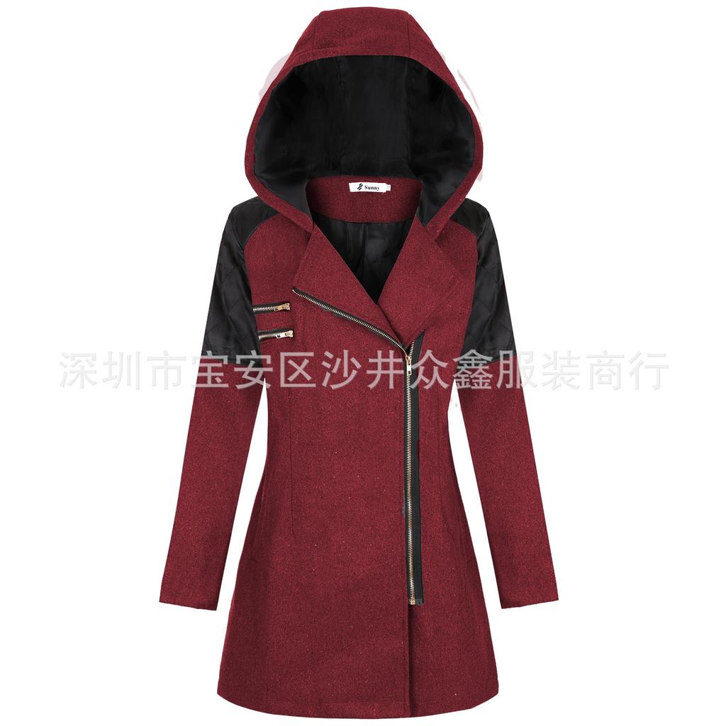 Autumn and Winter New Oblique Zipper Hooded Woolen Trench Coat Medium and Long Thickened Warm Jacket Cotton Clothes Women's Coat