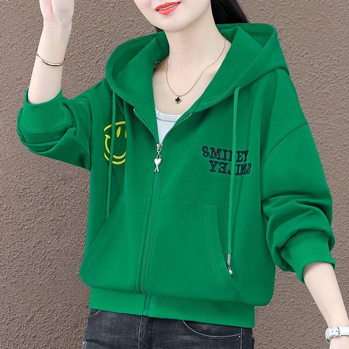Pure Cotton Embroidered Jacket: Women's Lightweight 2025 Spring/Autumn Korean Loose Hooded Cardigan Sweatshirt