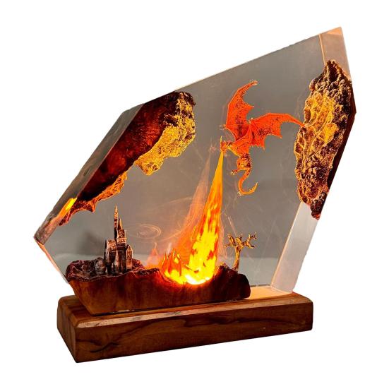 Epoxy Resin Dragon Lamp Handmade Flame Dragon Night Light for Bedside Living Room Collectible Gifts for Son Husband Boyfriend Fantasy Enthusiasts