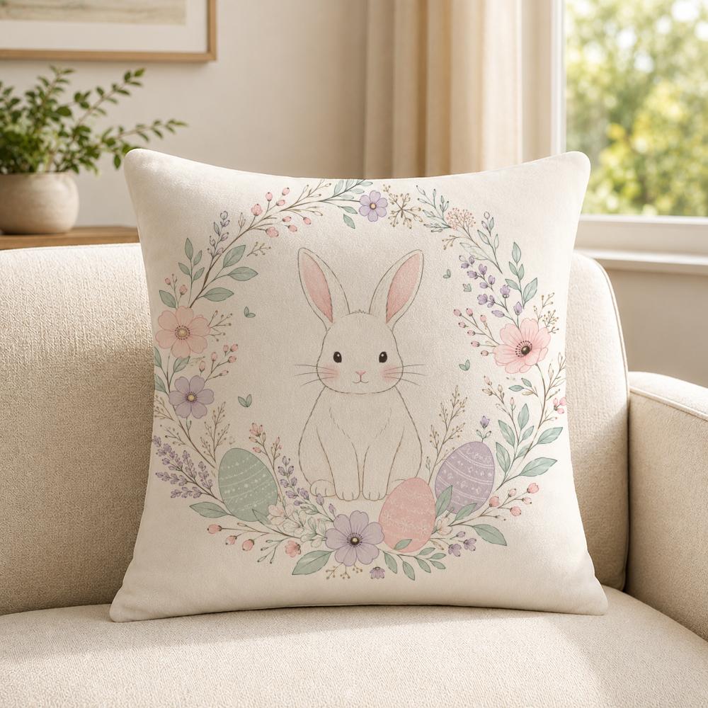 Art Spring Bunnies and Easter Eggs Cushion Cover Soft Short Plush SkinFriendly Cushion Case for MultiScene Use