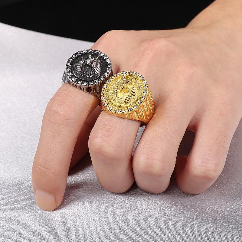 Hip Hop Gold Color Egyptian Mythology Large Ring for Men Vintage Stainless Steel Stone Finger Ring Personalized Trend Jewelryl