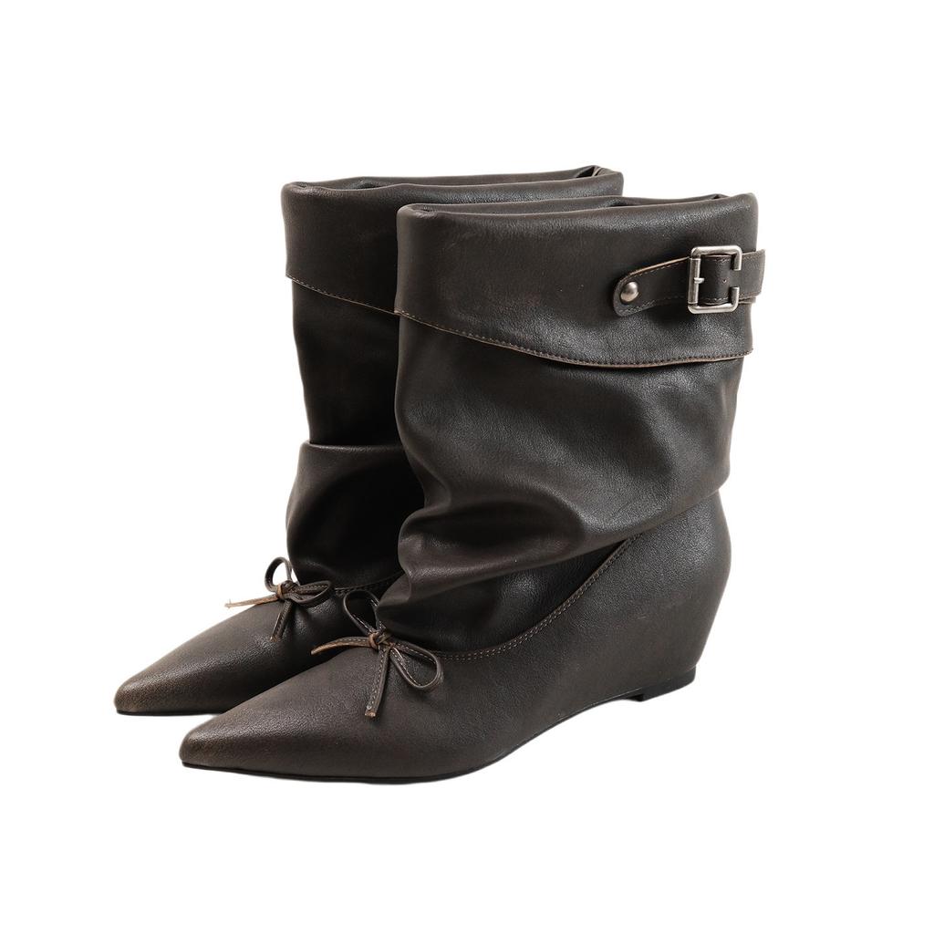Korean Version Of Niche Retro Style Pointed Pile Boots Women'S Autumn And Winter Pleated Mid-Tube Boots Slope Heel Fashion Boots Women