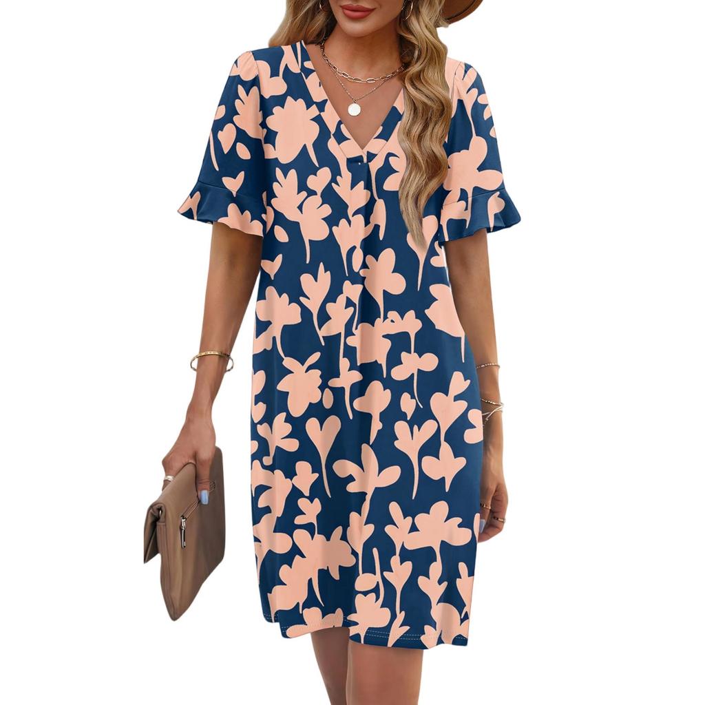 Women's Summer Floral Print Dress Pleated Short Sleeve V-Neck Pocket Casual Dress