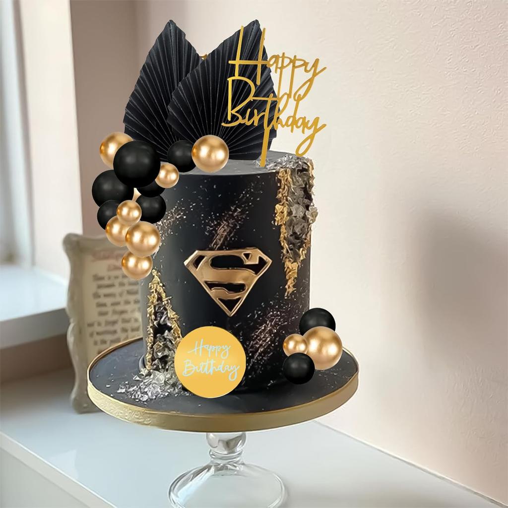 26 ks Pán Černý Topper na Dort Černé Zlaté Koule Palmové Listy Černé Zlaté Dekorace na Dort pro Černou Tématickou Svatbu Narozeninovou Oslavu