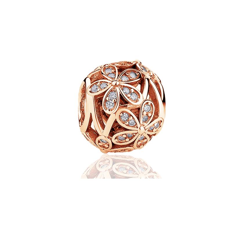 Rose Gold Plating Flower DlY Jewelry Gifts Cherry Rose Daisy Dangle Charms Beads Fit Europeans Silver Bracelet Necklace