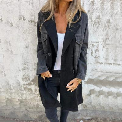 Women Spring Fall Coat Denim Jacket Overcoat Patchwork Double-breasted with Flap Pockets Colorblock Mid Length Lady Overcoat
