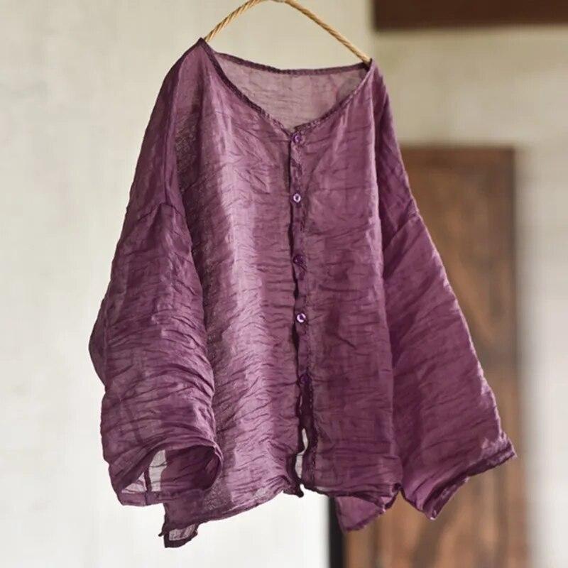 

Johnature женские винтажные рубашки с вышивкой, топы с круглым вырезом и длинным рукавом, однотонные весенние женские рубашки на пуговицах One Size фиолетовый