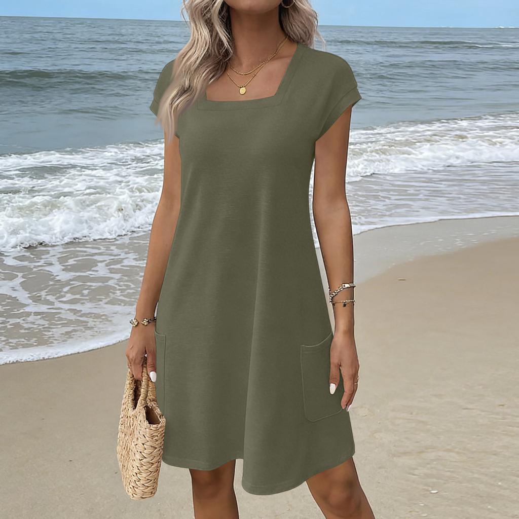 Summer Dresses for Women Loose Square Neck Cap Sleeve Casual Beach Vacation Tshirt Dress Sundresses with Pockets
