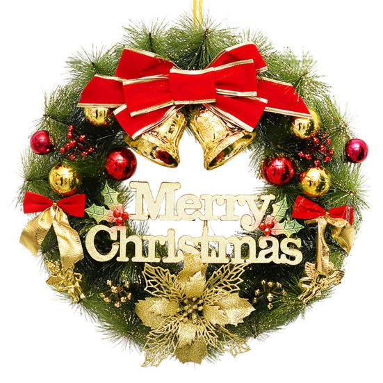 Christmas Wreath for Front Door Artificial Pine Needle Wreath with Balls Bows Flowers Merry Christmas Hanging Decor for Home Wall Window Porch Indoor