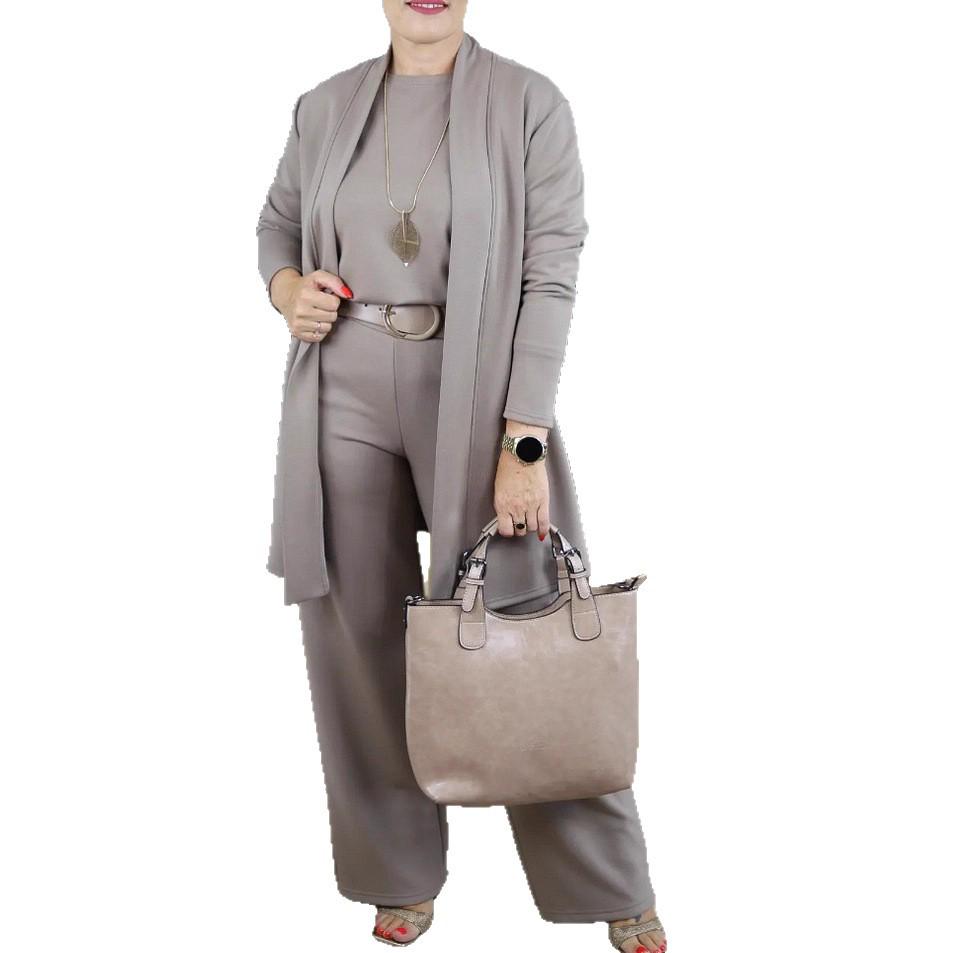 2025 Women's Solid Color Round Neck Long Sleeve Top and Belted Pants 3-Piece Set