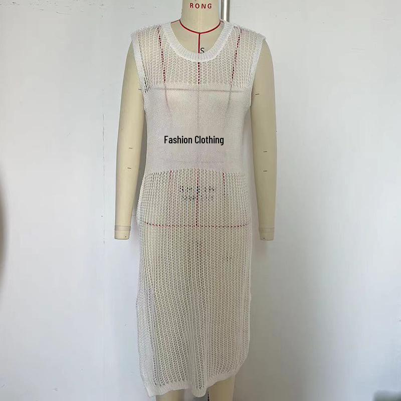 European & American Beach Vacation Sexy Solid Color Knit Split Sun Protection Maxi Dress