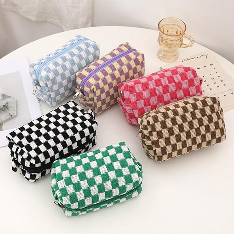 Ins Checkerboard Knitted Pencil Case Big Capacity Pen Bag Zipper Stationary