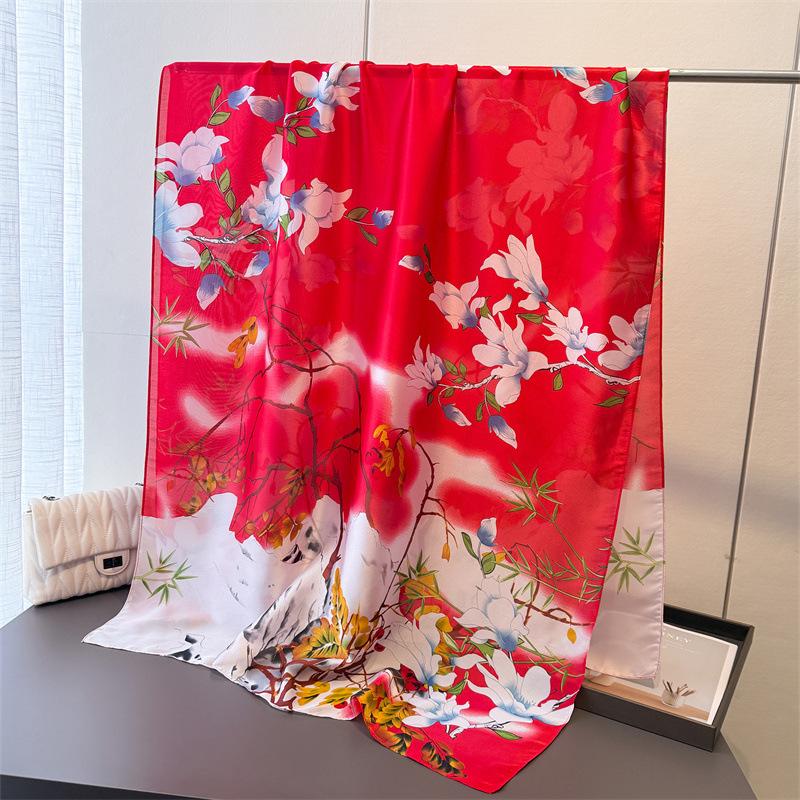 

New printing simulation silk brocade sunscreen contrasting color flower silk scarf long scarf shawl versatile headscarf scarf 180*80cm