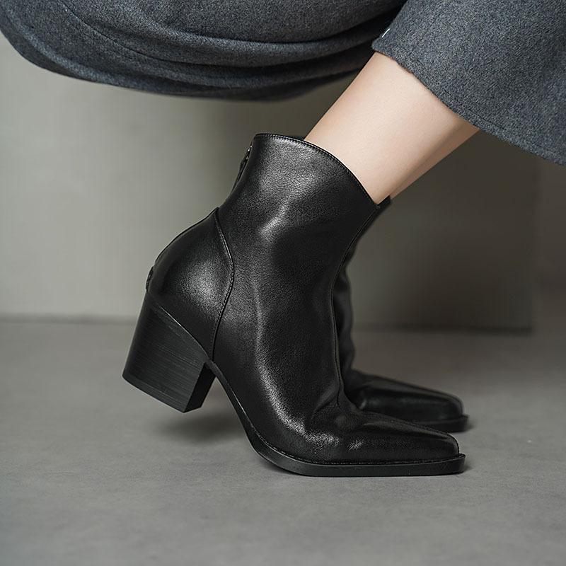 Premium pointed thick heel short boots women's 2025 autumn and winter velvet leather high heel short boots side zipper Chelsea boots