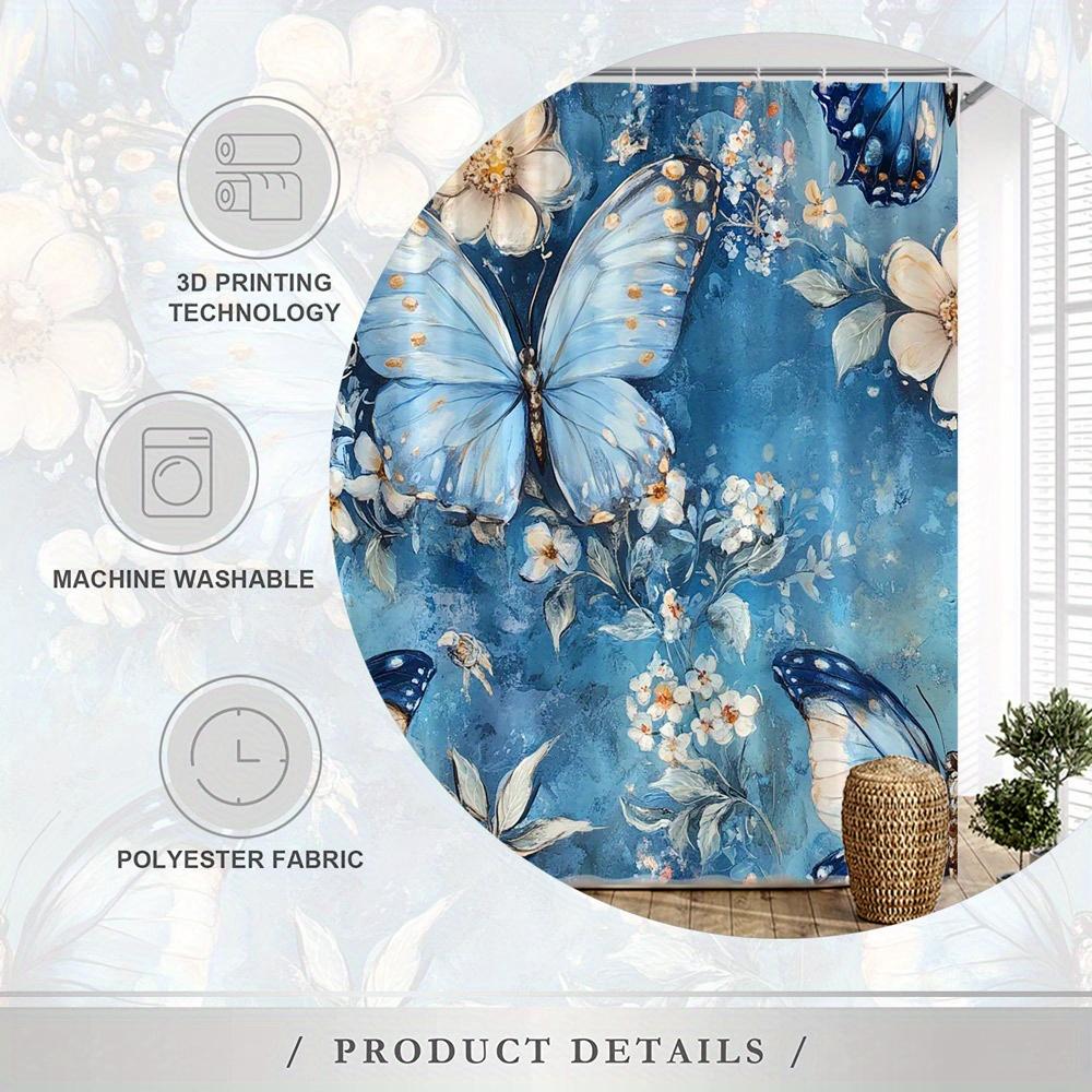 1Pc Shower Curtain - Vibrant Blue Butterfly & Pastel Floral Design With Soft Pink Accents, Whimsical Nature-Inspired Bathroom